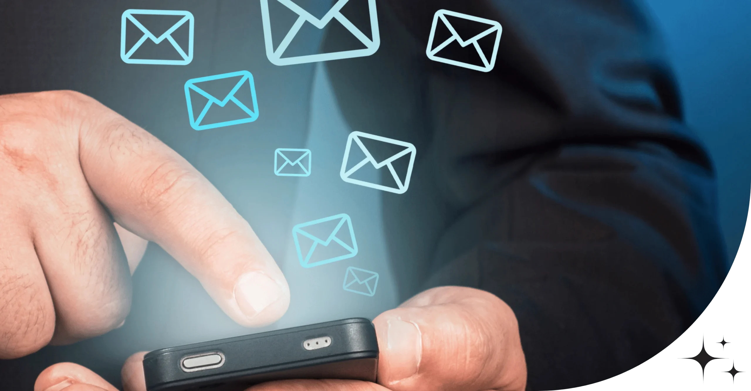 Businessperson tapping smartphone with floating email icons, symbolizing mobile email marketing India