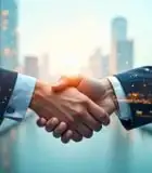 Business handshake in city background symbolizing partnership and contact."