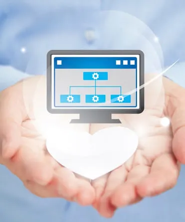 Hands holding digital screen icon with website architecture for UX-focused design services